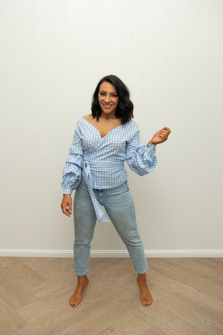 Penny Wrap Top Bondi Blue Gingham
